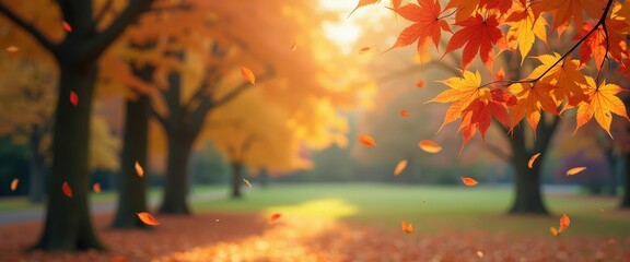 Colorful autumn leaves falling from trees with a blurred park background and ample copy space for seasonal festival announcements or outdoor event promotions.