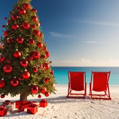 New Year's tree decorated with red decorations on a beautiful beach, New Year's celebration on the beach with a view of the blue sea and palm trees