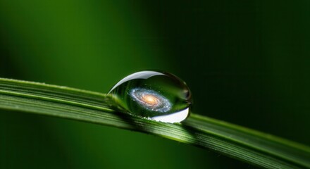 Galaxy reflection in dewdrop on vibrant green grass