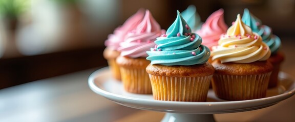 Delicious cupcakes with colorful frosting on a cake stand, leaving ample copy space for bakery promotions or sweet treat event announcements.