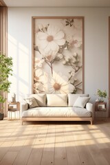 Modern Living Room with Floral Wall and Curved Mirror in Bright Natural Light