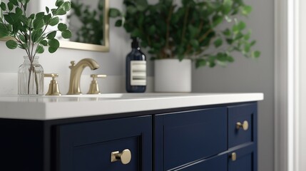 A stylish bathroom vanity with a modern design and greenery.