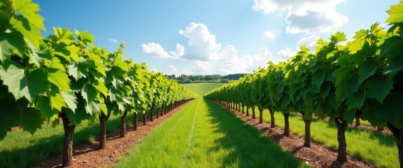Naklejka premium Lush vineyard with rows of grapevines under a clear sky, leaving ample copy space for wine tour promotions or countryside event invitations.