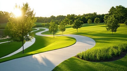 Naklejka premium Serene Winding Park Path Lush Green Landscape Sunny Day