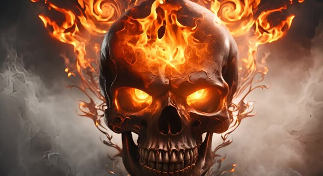 Eerie burning skull illuminating glowing eyes amidst swirling flames 4K