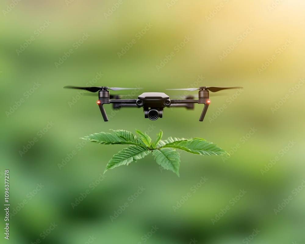 Aufkleber close-up of an ai drone inspecting green leaves in a natural setting with a soft blurred background
