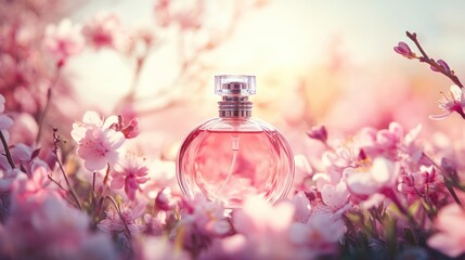 A perfume bottle surrounded by delicate pink flowers, evoking beauty and fragrance.