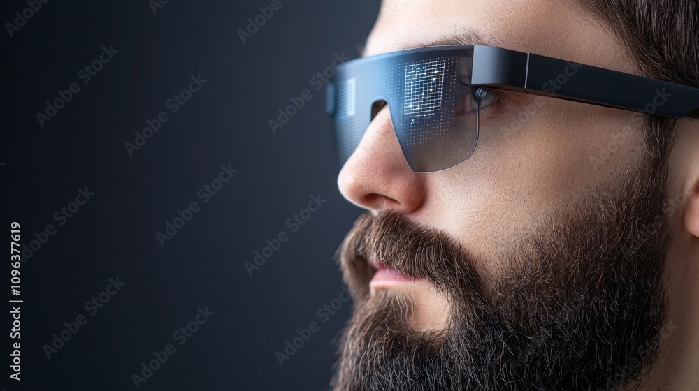 Poster developer wearing advanced wearable ar glasses for innovative technology integration and user experi