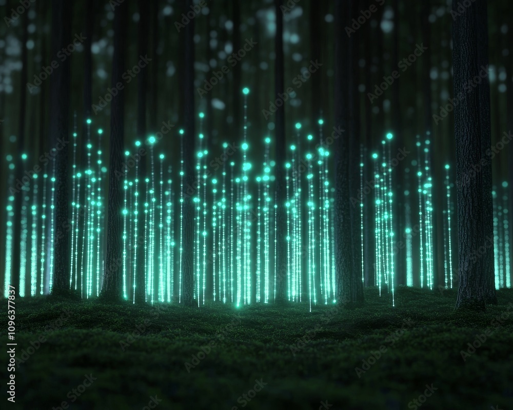 Aufkleber futuristic plantation with ai sensors embedded in a lush forest environment illuminated by neon ligh