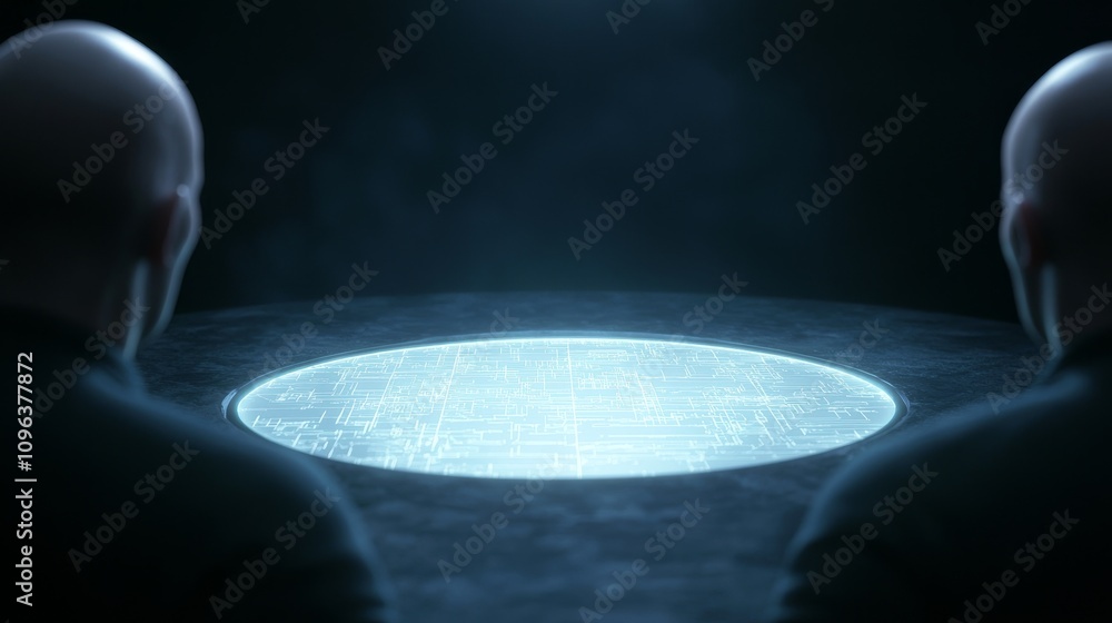 Poster futuristic scene featuring ai developers collaborating around a holographic interface in a dimly lit