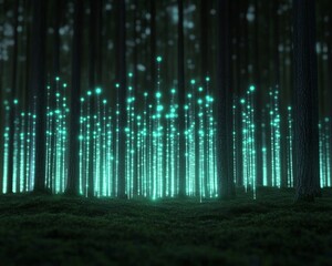 Futuristic Plantation with AI Sensors Embedded in a Lush Forest Environment Illuminated by Neon Lights