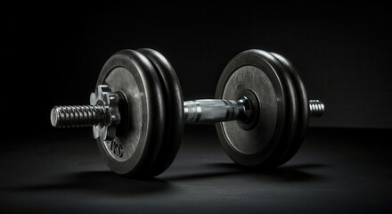 Fototapeta premium Single black dumbbell on dark background for fitness concepts
