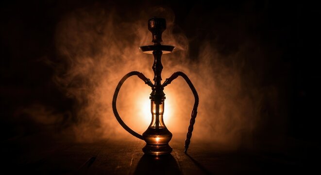 Silhouette of hookah with smoke dark background