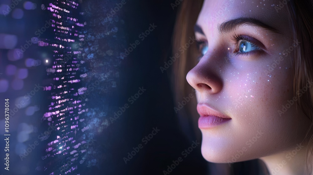 Poster young woman gazing at glowing predictive analytics interface showcasing ai technology and data visua