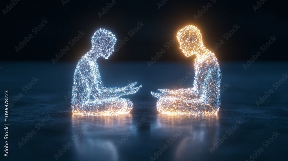 Poster ai-driven brainstorming scene featuring two ethereal figures engaged in creative dialogue and connec