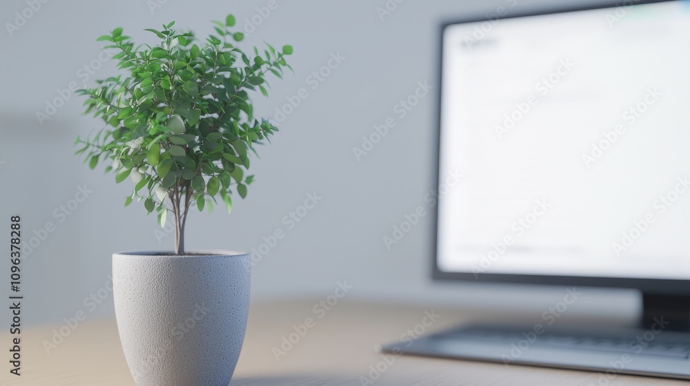 Poster sleek minimalist workspace with potted plant and computer displaying digital information