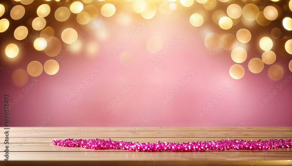 Wall mural blurred pink background with empty table and golden bokeh lights
