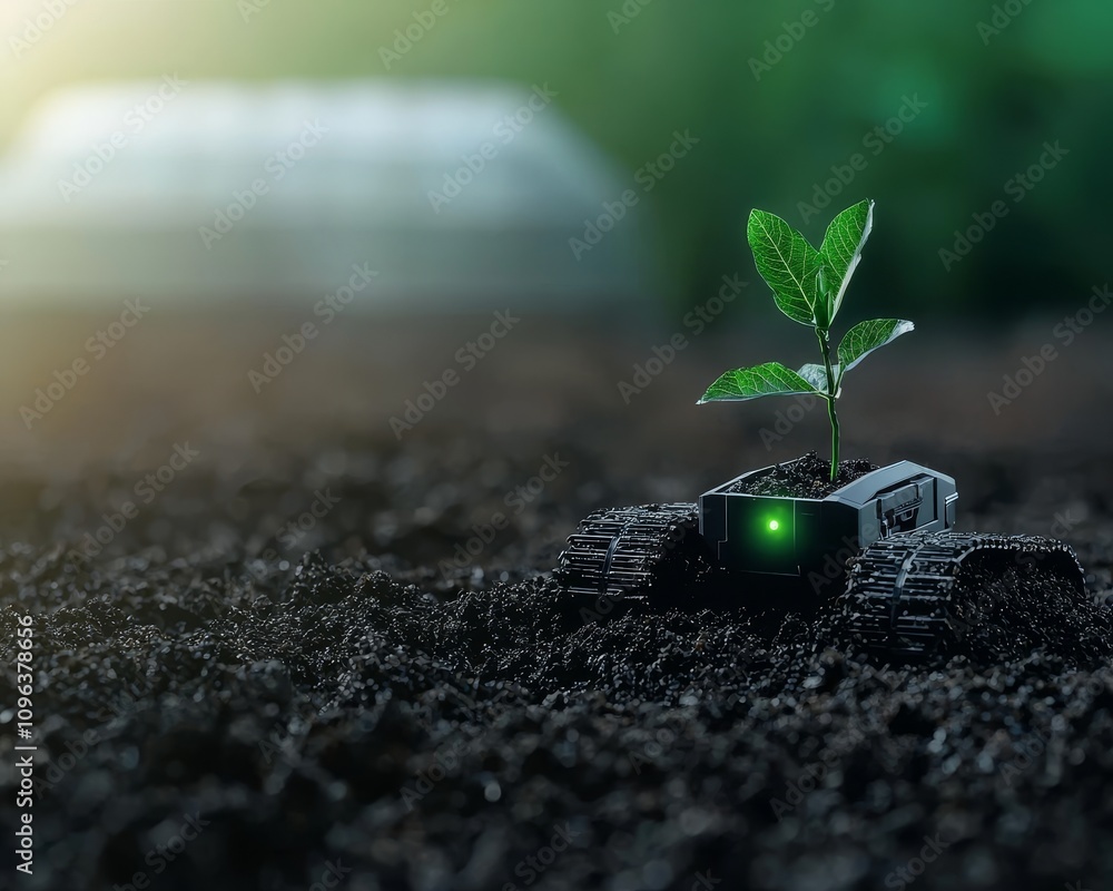 Poster agricultural robot scanning soil with emerging plant while utilizing advanced technology for sustain