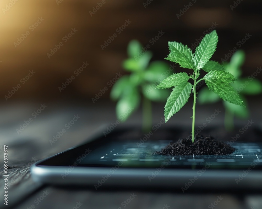 Aufkleber ai assistant for agriculture showcasing seedling growth on a tablet display with a rustic background