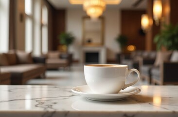 A white coffee cup rests on a marble table, surrounded by a stylish cafe environment with comfortable seating and warm lighting