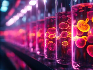 Brightly lit glass tubes containing vibrant pink liquids and glowing microorganisms, creating a visually striking and scientific atmosphere.