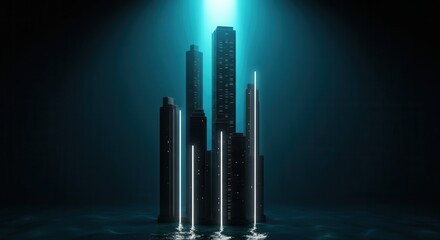 Futuristic cityscape with glowing skyscrapers in dark waters
