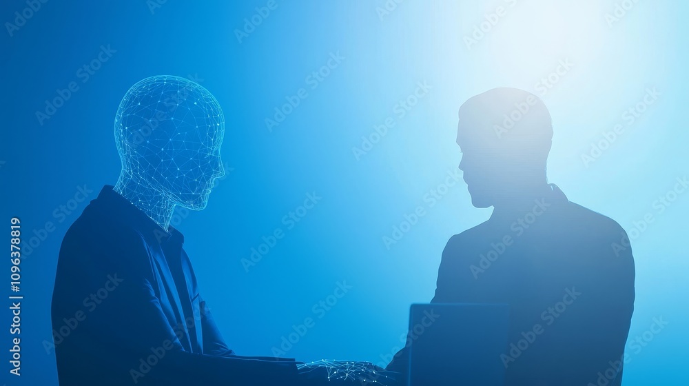 Poster virtual companion ai visualized as a 3d helper engaging with human in futuristic digital environment