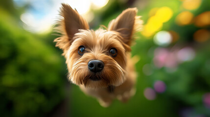 Banner with adorable dog jumping cheerfully through vibrant garden full of bright colors sunlight enriching scene