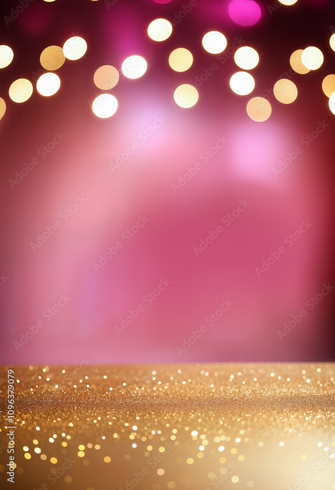 Wall mural blurred pink background with empty table and golden bokeh lights