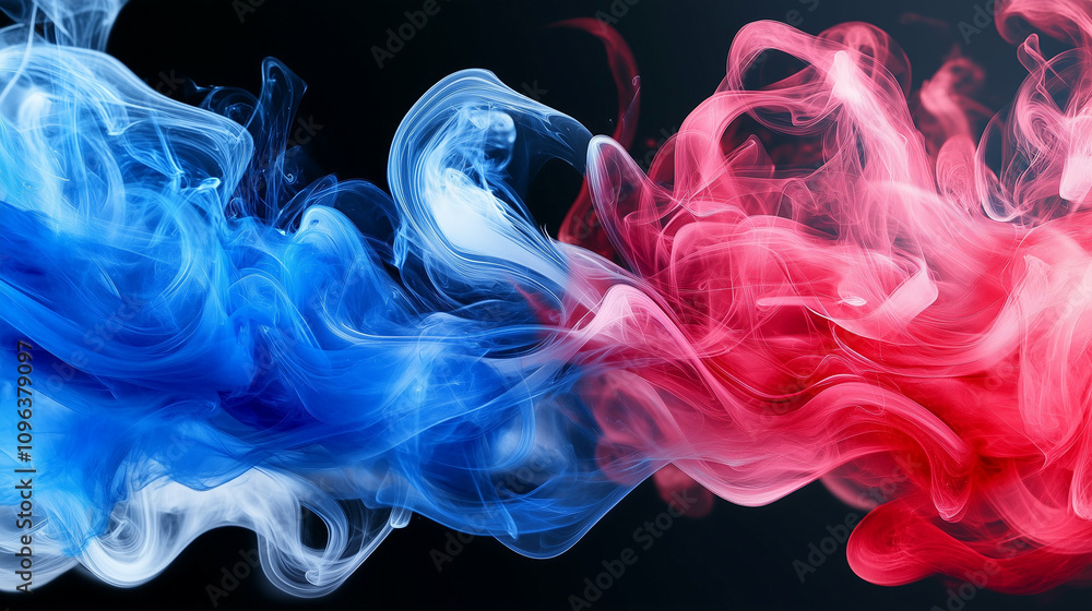 Poster smoke swirling in abstract shapes with blue and red tones creating a dramatic visual effect