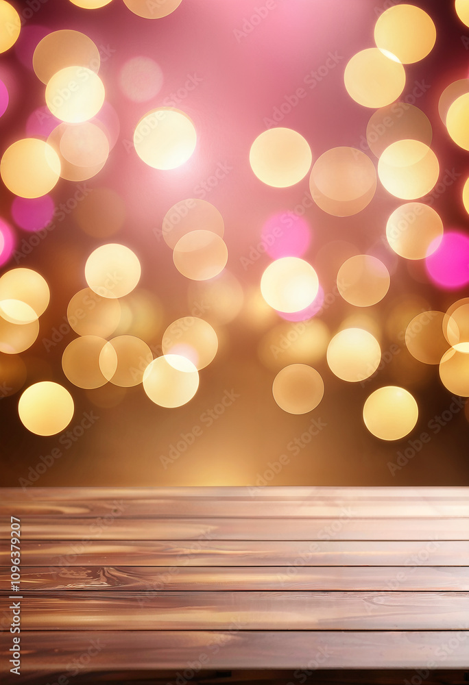 Wall mural blurred pink background with empty table and golden bokeh lights