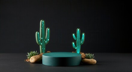 Neon cactus lights on elegant black background in modern decor