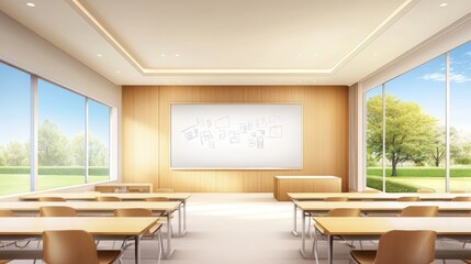 Fototapeta premium Bright Classroom with Whiteboard Desks Chairs Green View
