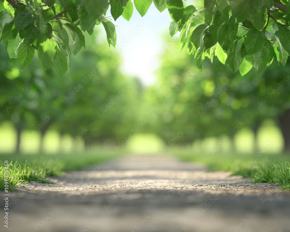 Poster ai-driven robots scanning trees in a lush orchard with abundant green foliage and vibrant pathway