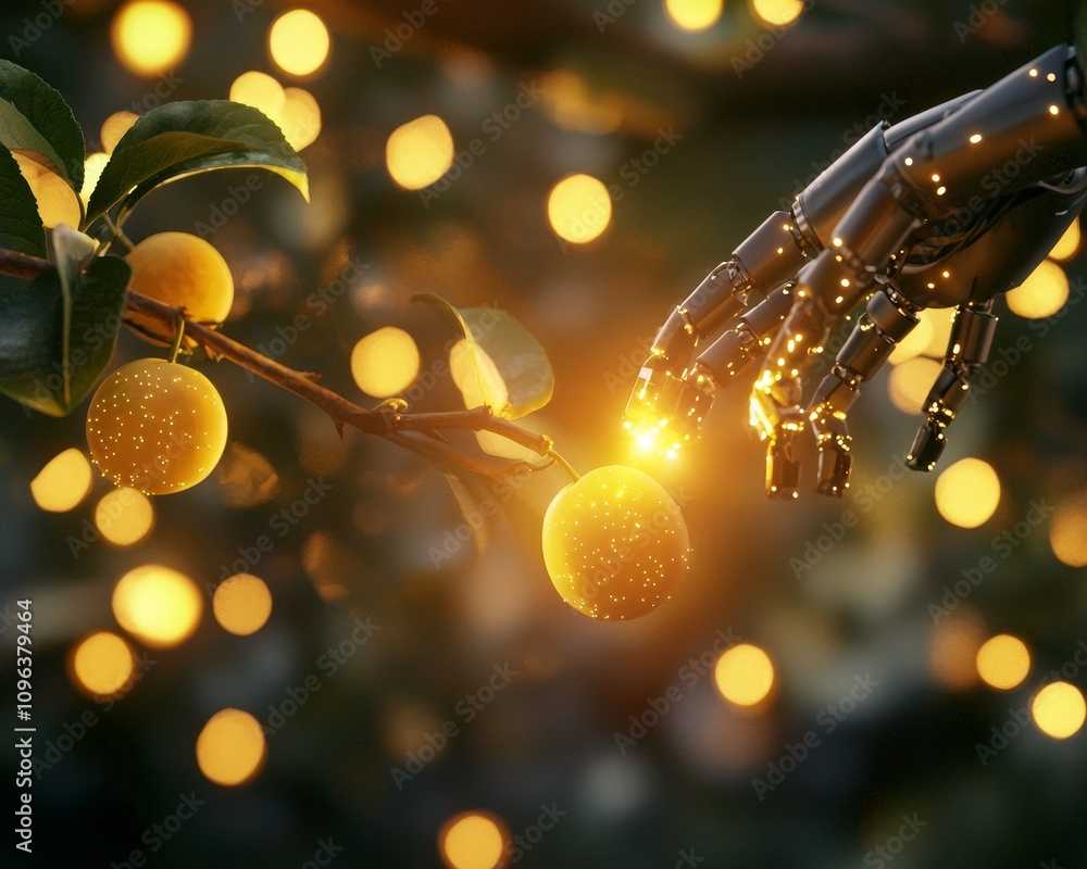 Poster ai robots scanning trees in an orchard with citrus fruits illuminated by soft glowing lights