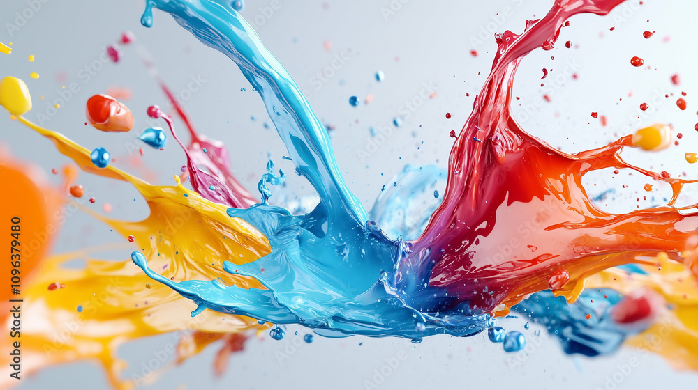 Poster paint splashes creating vibrant colors in dynamic motion with artistic flair and energy