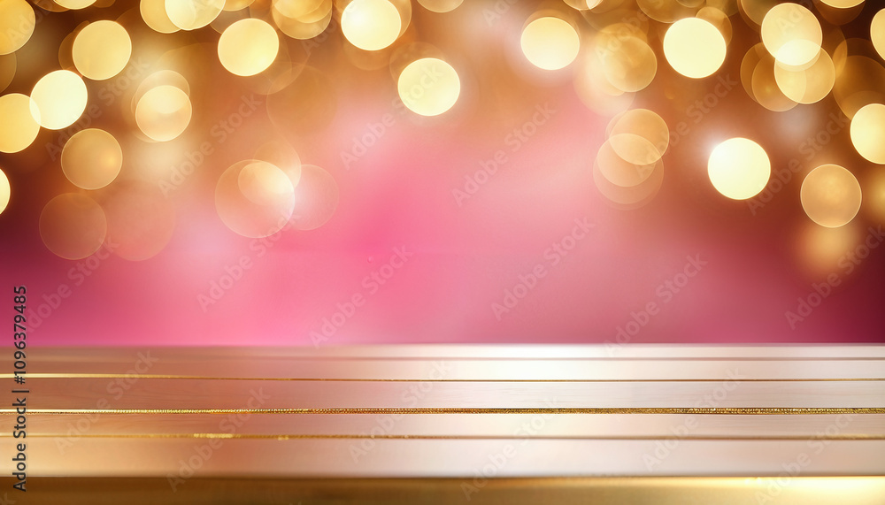 Wall mural blurred pink background with empty table and golden bokeh lights
