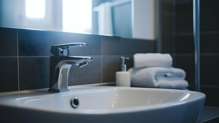 Fototapeta premium Close Up Shot of Modern Bathroom Sink with Elegant Faucet Design