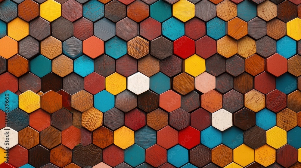 Poster anti tracking technology concepts. a vibrant mosaic of hexagon-shaped wooden tiles in various colors