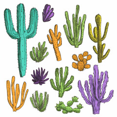 Colorful Vector Illustration of Various Cacti in Different Styles