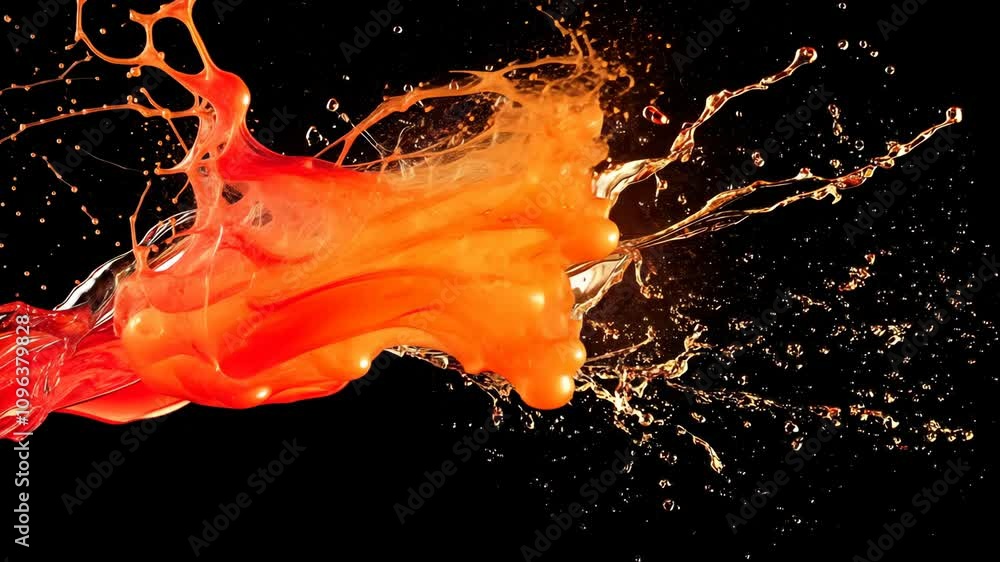 Poster dynamic splash of orange liquid creates vibrant abstract patterns against a dark background