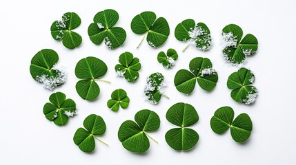 Fototapeta premium A vibrant arrangement of various clovers on a white surface, showcasing their lush green leaves and distinct shapes.