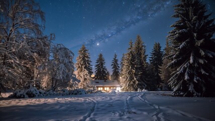 Peaceful Winter Cabin Under Spectacular Milky Way Night Sky