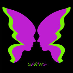 Leaf butterfly wing with two face woman logo design vector in color. Butterfly on a black background with the inscription spring