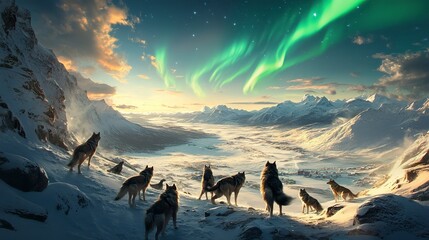 Majestic Wolves Under the Aurora Borealis in a Winter Wonderland