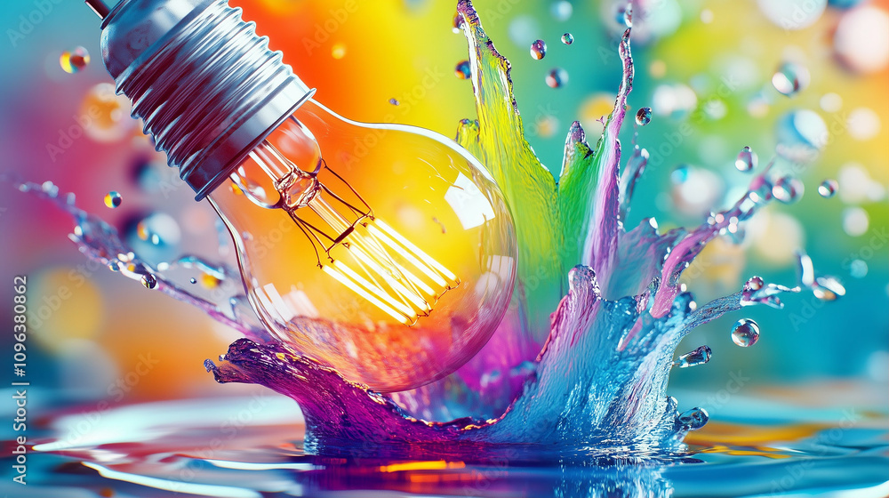 Poster light bulb creating colorful splash in water with vibrant light reflections and dynamic elements