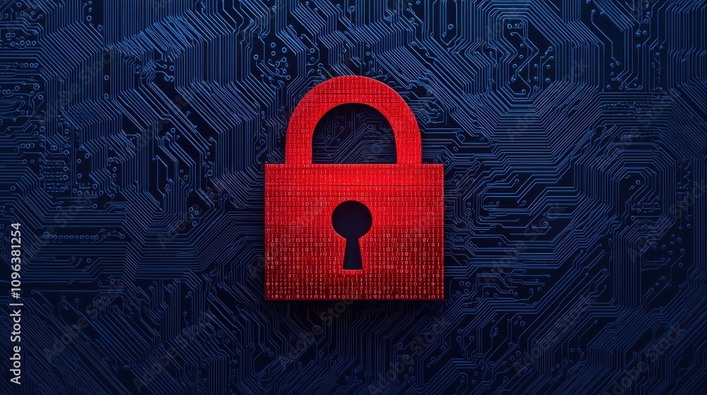 Poster anti tracking technology concepts. a digital padlock in red against a blue circuit board background 