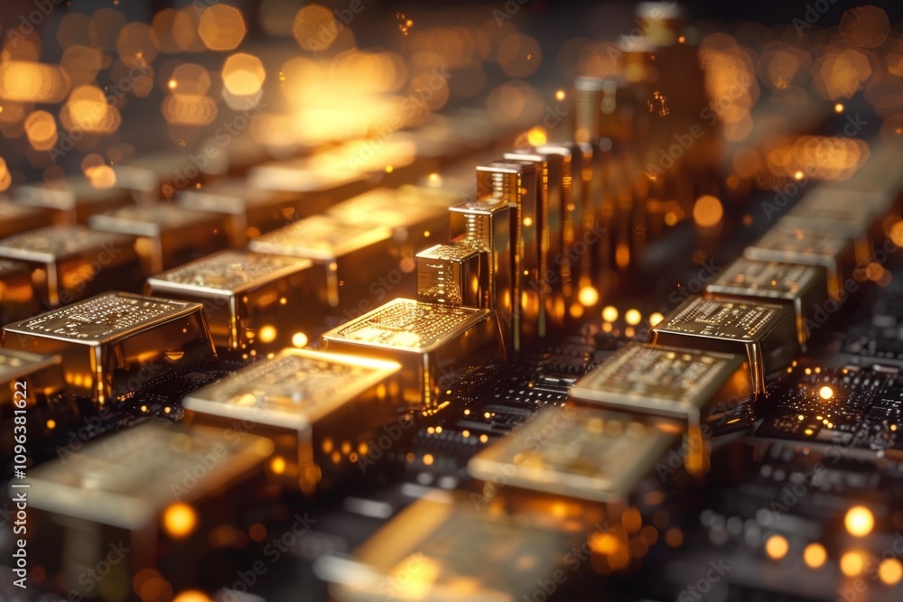 Aufkleber close-up view of golden circuit board patterns shimmering in warm light during a tech exhibition