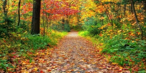 Obraz premium A vertical autumn background showing a forest path surrounded by brightly colored leaves.