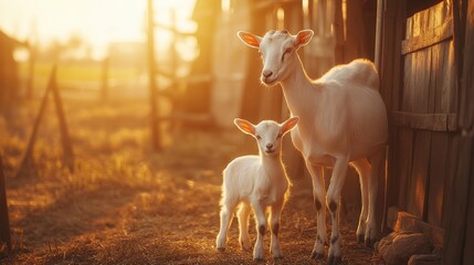 Warm Light of a Mother Goat with Her Kid in a Barn